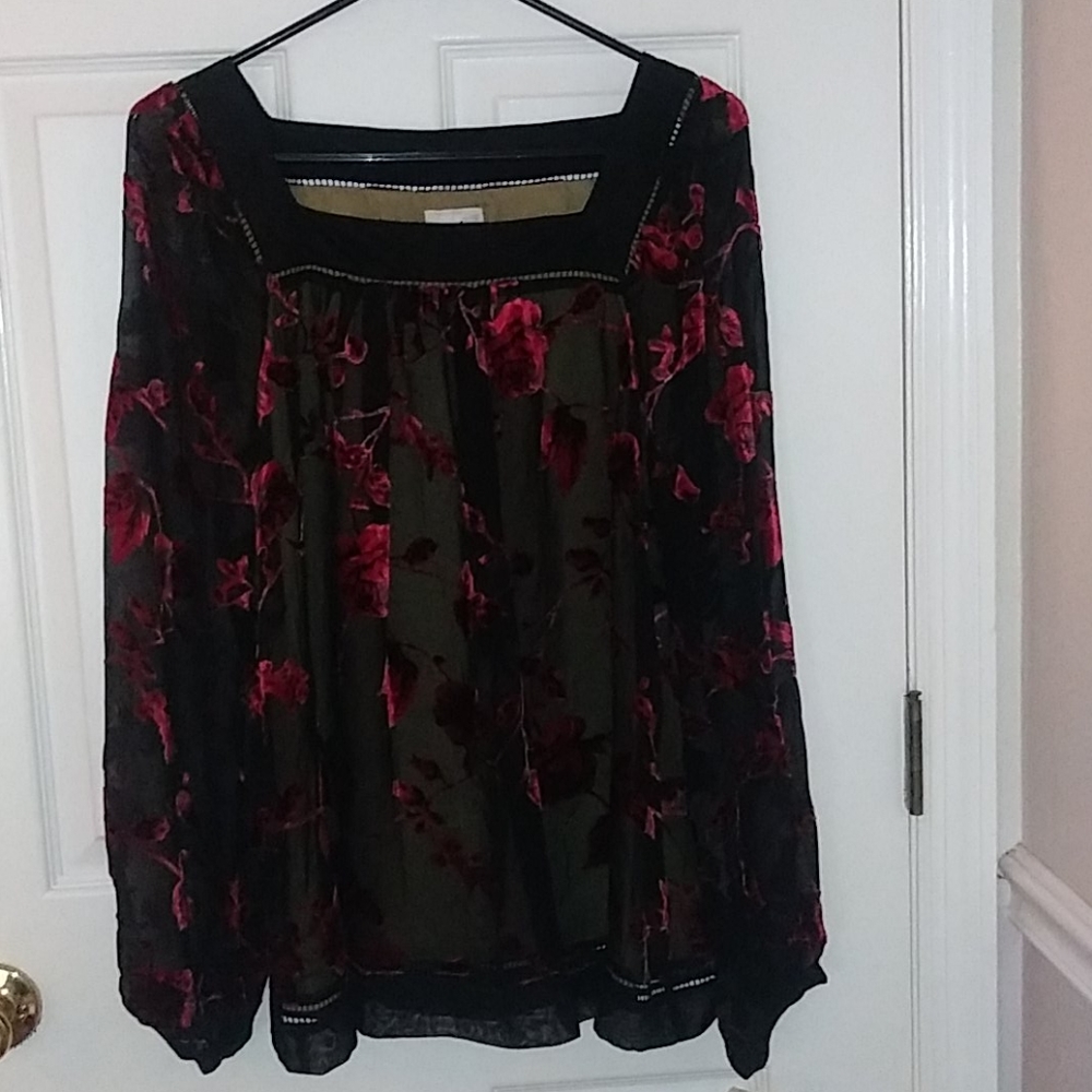 Long sleeve red and black sheer blouse